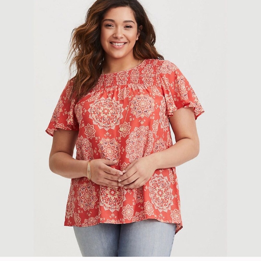 Torrid Mandela abstract print coral smocked top 0X